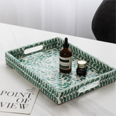 Decorative shell craft product tray with natural shell mosaic surface, stylish rectangular tray for vanity, coffee table, or jewelry display.