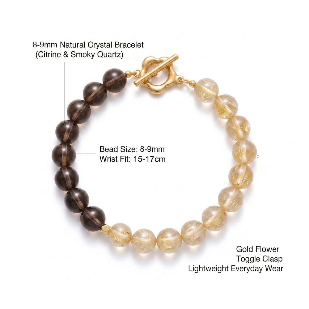 White background product image of citrine and smoky quartz crystal bracelet