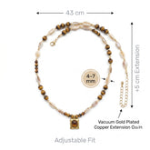 Size guide for tiger eye necklace showing 43 plus 5 cm chain and 4 to 7 mm beads