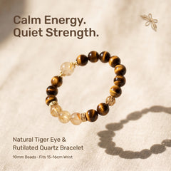 Golden Tiger Eye and Rutilated Quartz crystal bracelet on warm beige background