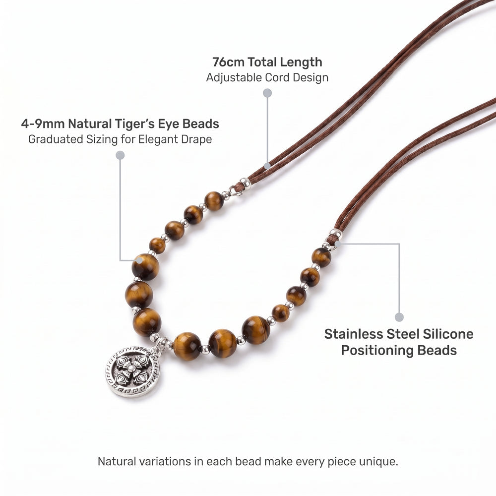 Tiger Eye necklace size guide with bead diameter and necklace length dimensions