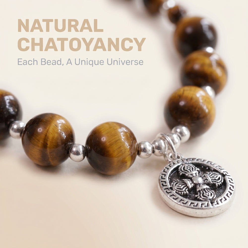 Close up of Tiger Eye beads and stainless steel spacer details