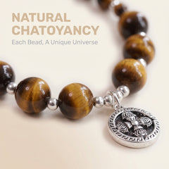 Close up of Tiger Eye beads and stainless steel spacer details
