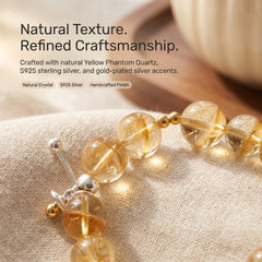 Close-up details of yellow phantom quartz beads and S925 sterling silver jewelry accents