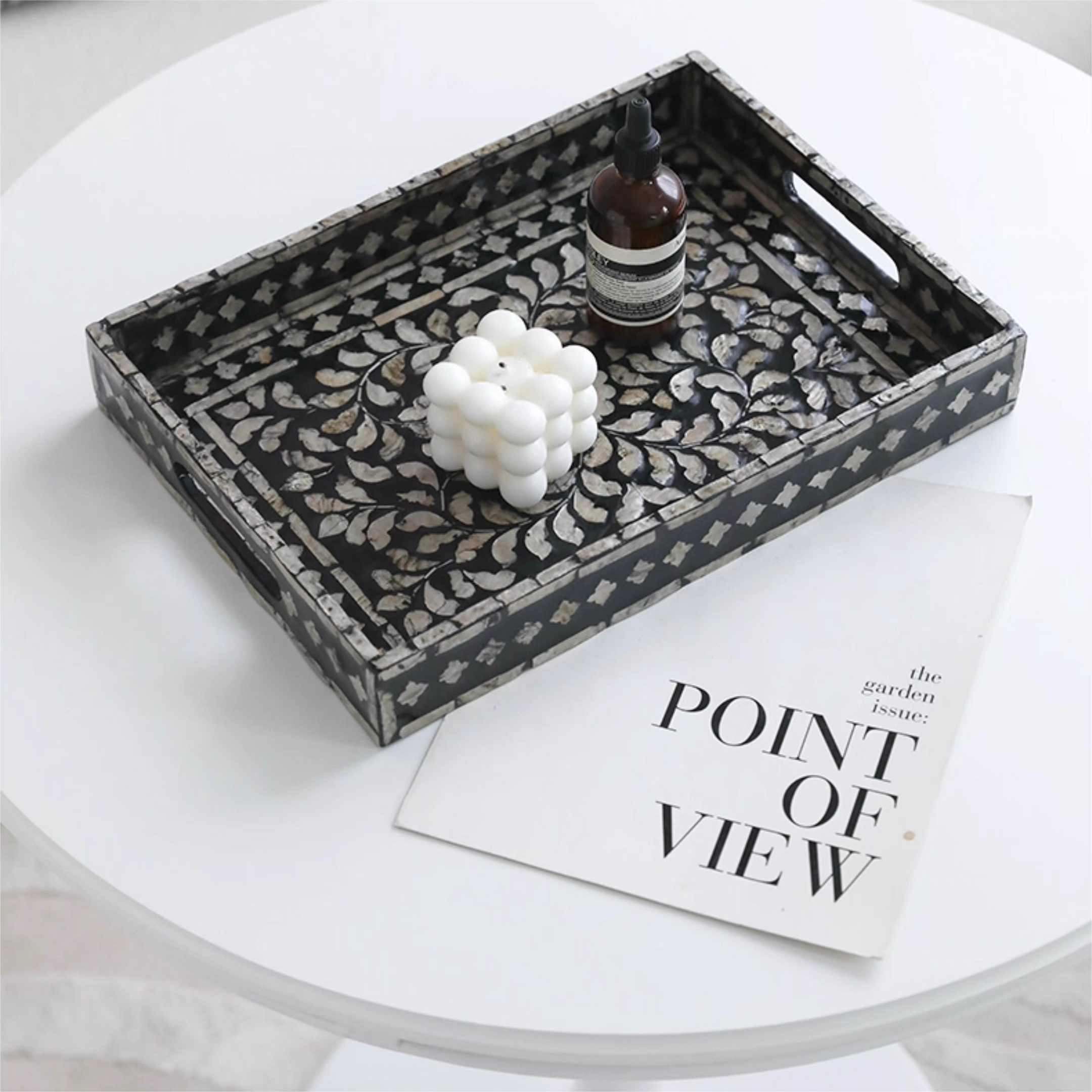 Large shell craft product rectangular tray with colorful shell mosaic design, decorative storage tray for coffee table styling.