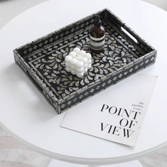 Large shell craft product rectangular tray with colorful shell mosaic design, decorative storage tray for coffee table styling.
