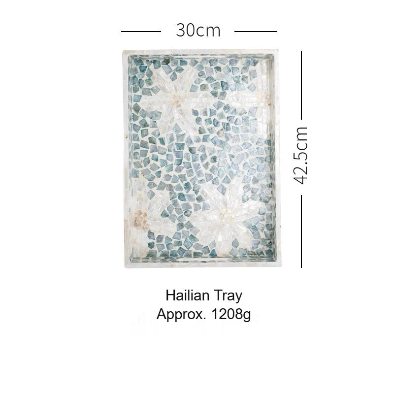 Black shell craft product rectangular tray with glossy shell inlay, stylish decorative tray for jewelry, keys, or small accessories.