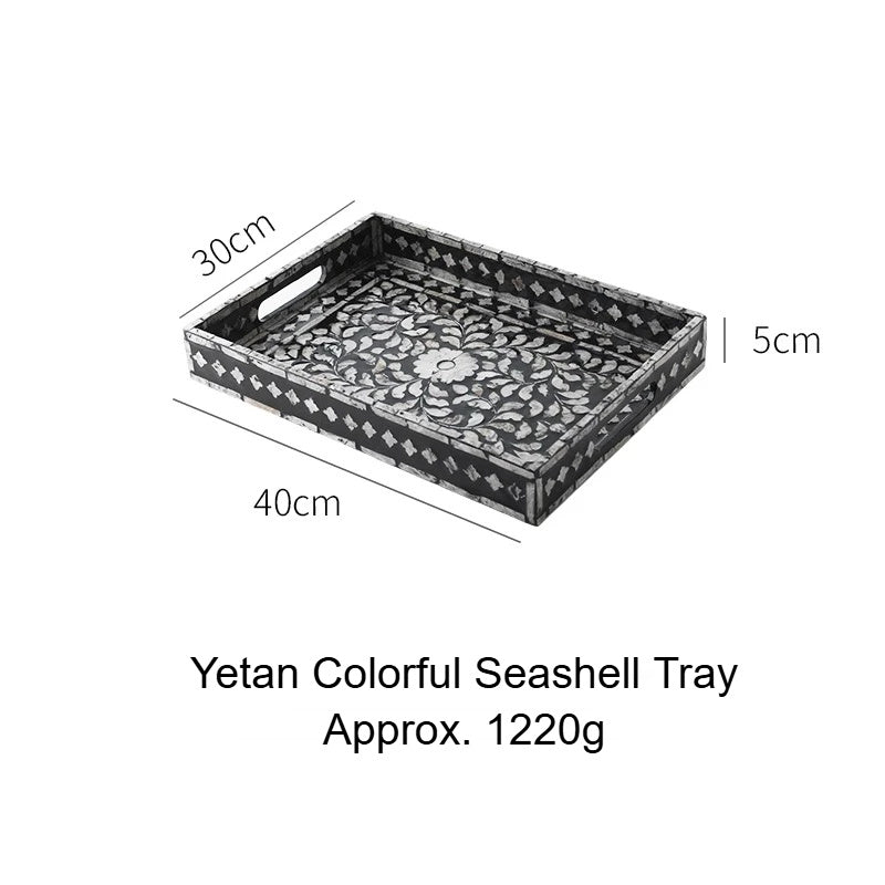 Handmade shell craft product vanity tray with natural shell mosaic, ideal decorative tray for perfume, cosmetics, and jewelry.