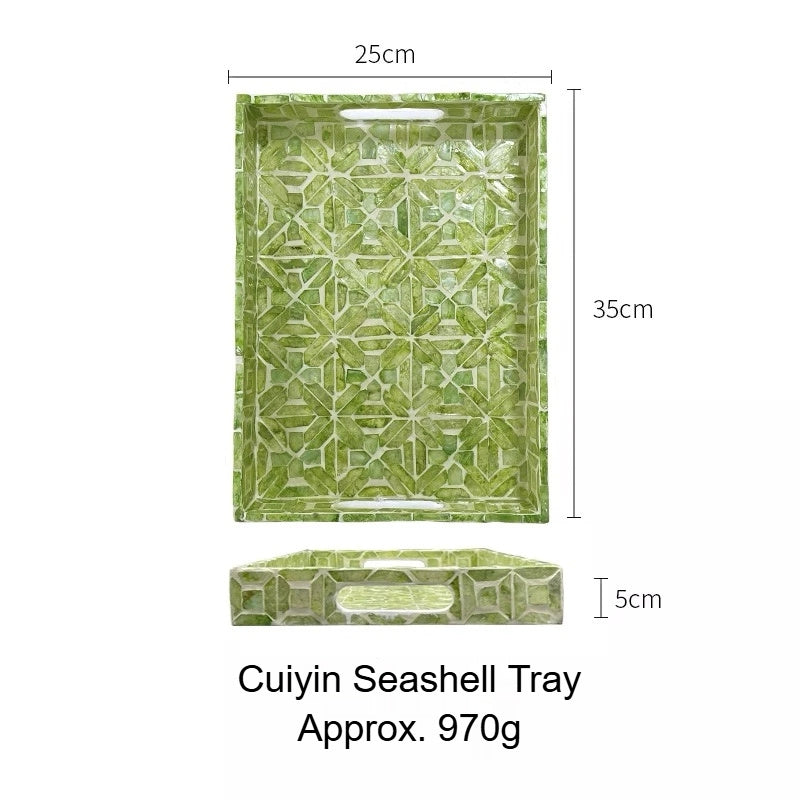 Small green shell craft product tray with intricate shell inlay, stylish decorative storage tray for vanity or desk.