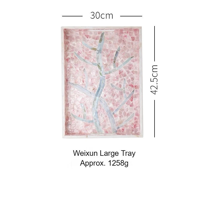 Pink shell craft product decorative tray with natural shell pattern, elegant rectangular tray for modern home decor.