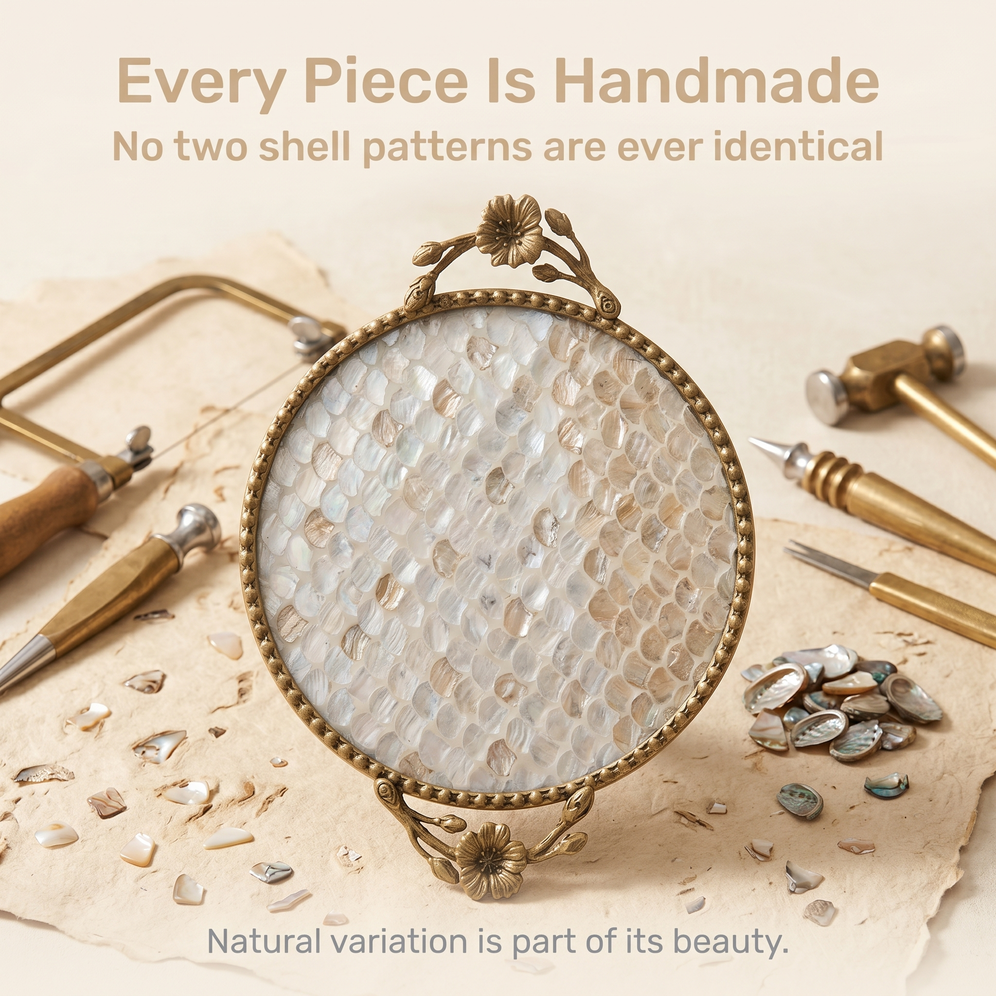 Artisan handmade shell decorative tray emphasizing craftsmanship and natural materials