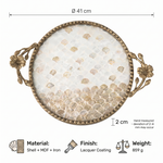 Mother of pearl decorative tray with dimension markings showing 41cm diameter and 2cm thickness