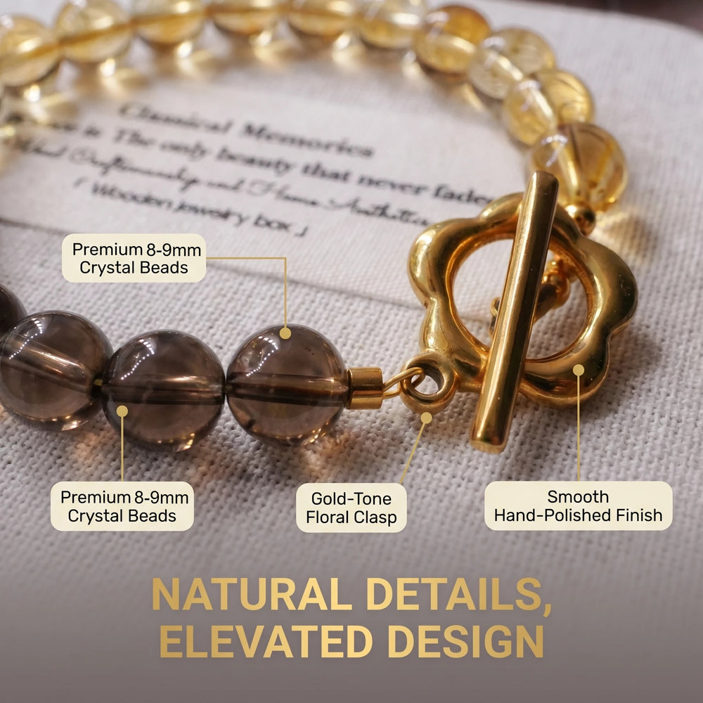 Close-up detail of citrine smoky quartz beads and gold floral clasp