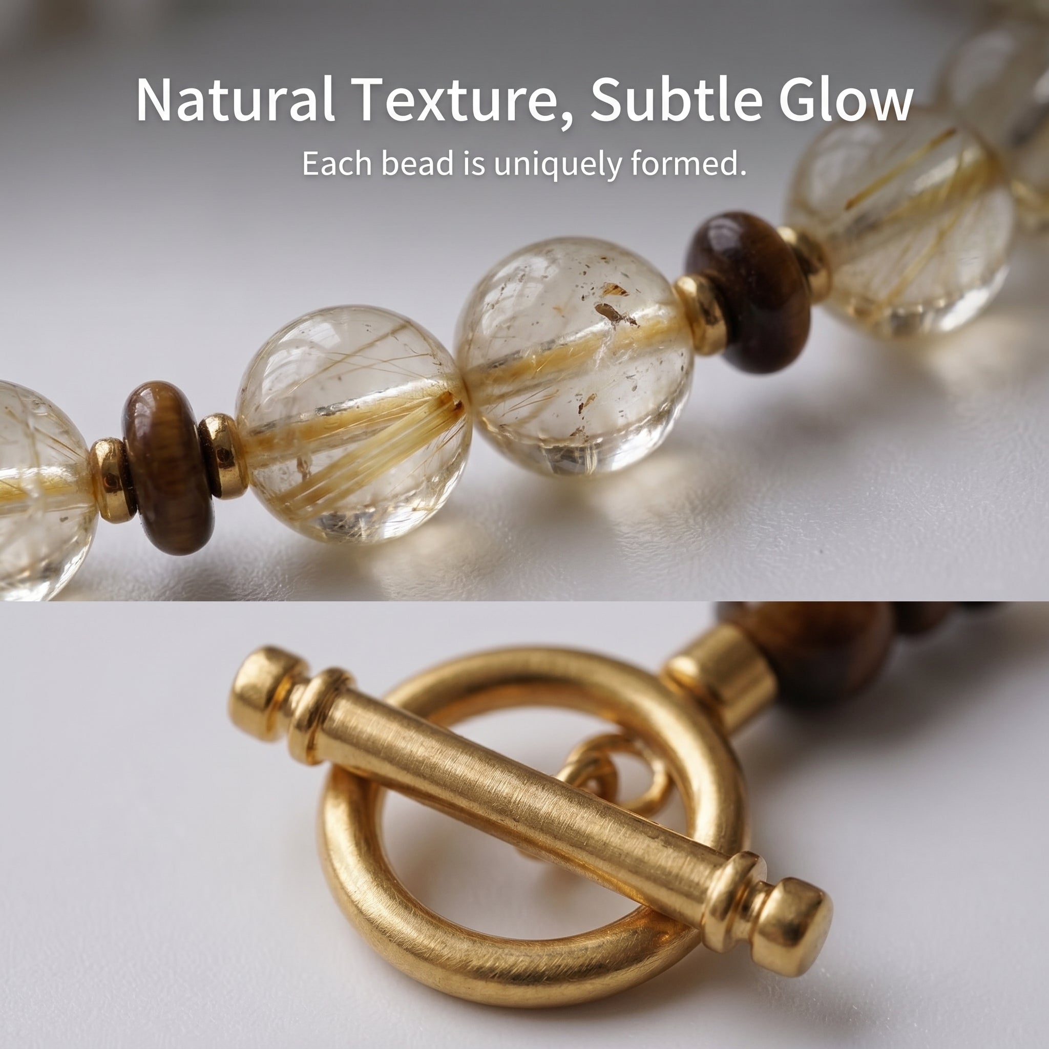 Macro close-up of natural golden crystal beads and polished gold titanium steel clasp, highlighting unique natural textures and subtle internal glow.