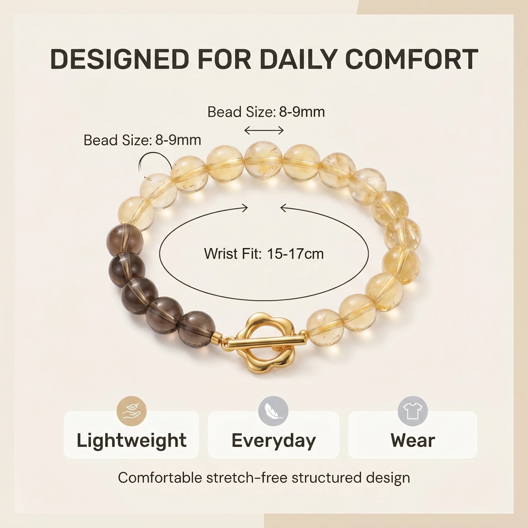 Crystal bracelet size guide showing 10mm beads and wrist fit measurements