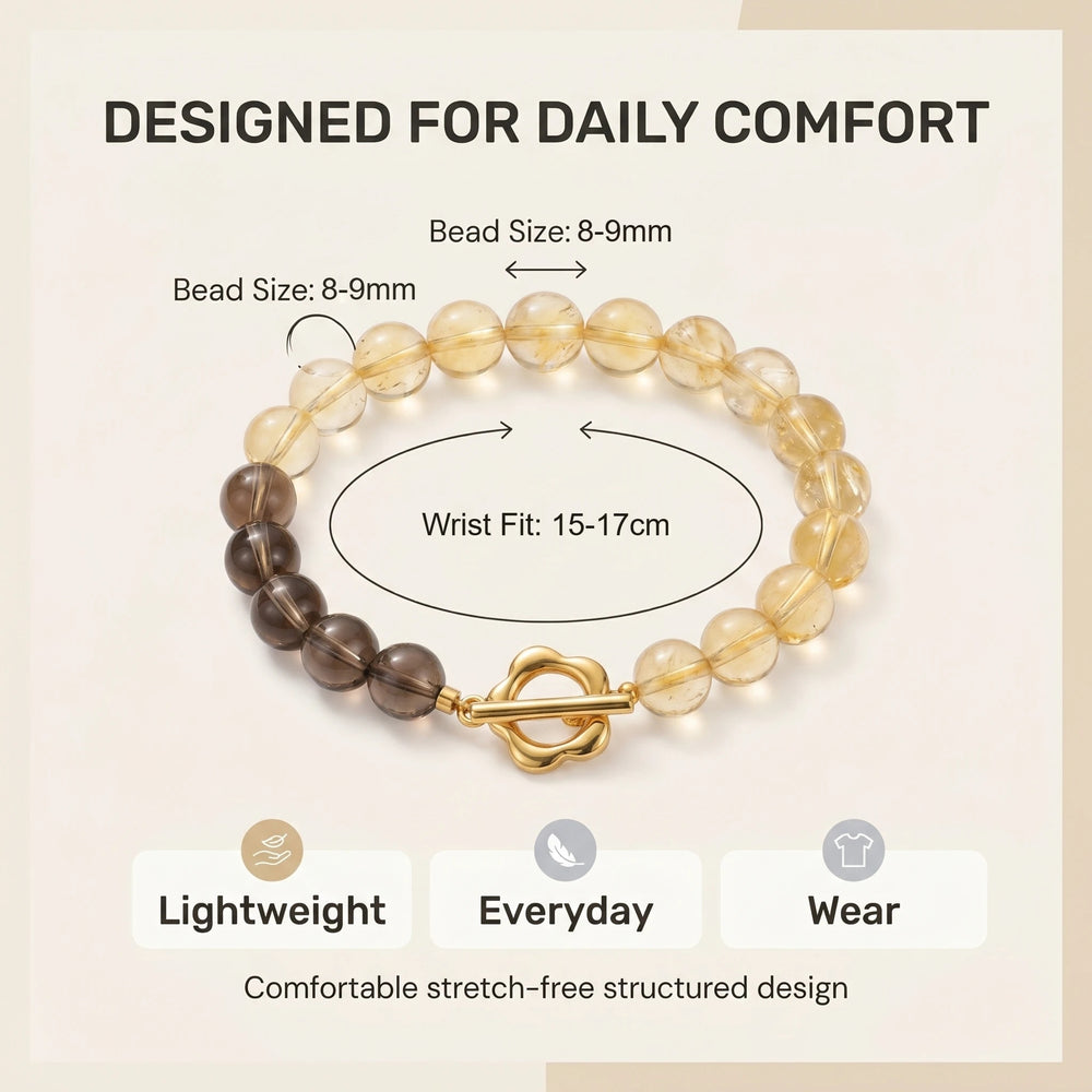 Crystal bracelet size guide showing 10mm beads and wrist fit measurements
