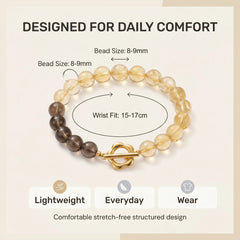 Crystal bracelet size guide showing 10mm beads and wrist fit measurements