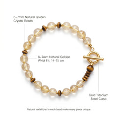 Healing golden crystal bracelet with gold titanium steel clasp, flat lay on white background showing 6-7mm natural beads and 14-15 cm wrist fit.