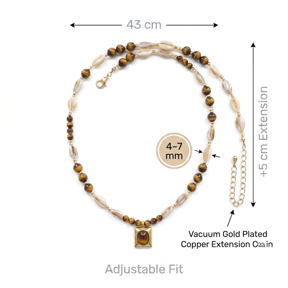 Size guide for tiger eye necklace showing 43 plus 5 cm chain and 4 to 7 mm beads