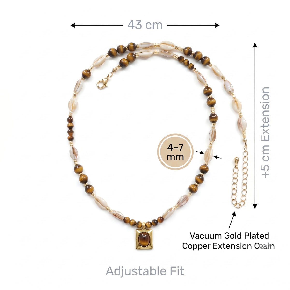 Size guide for tiger eye necklace showing 43 plus 5 cm chain and 4 to 7 mm beads
