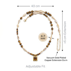 Size guide for tiger eye necklace showing 43 plus 5 cm chain and 4 to 7 mm beads