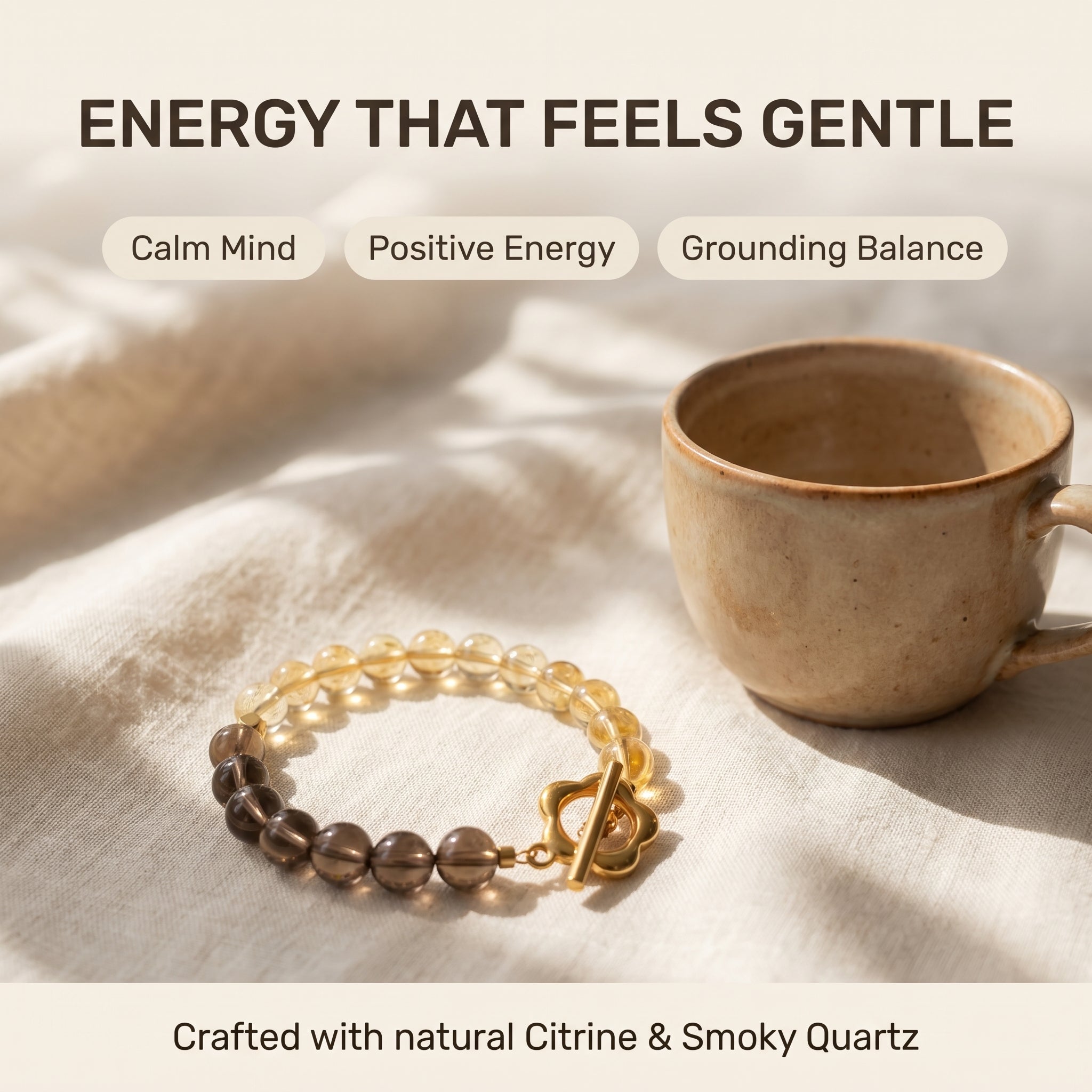 Natural crystal bracelet styled with calm lifestyle objects and warm neutral tones