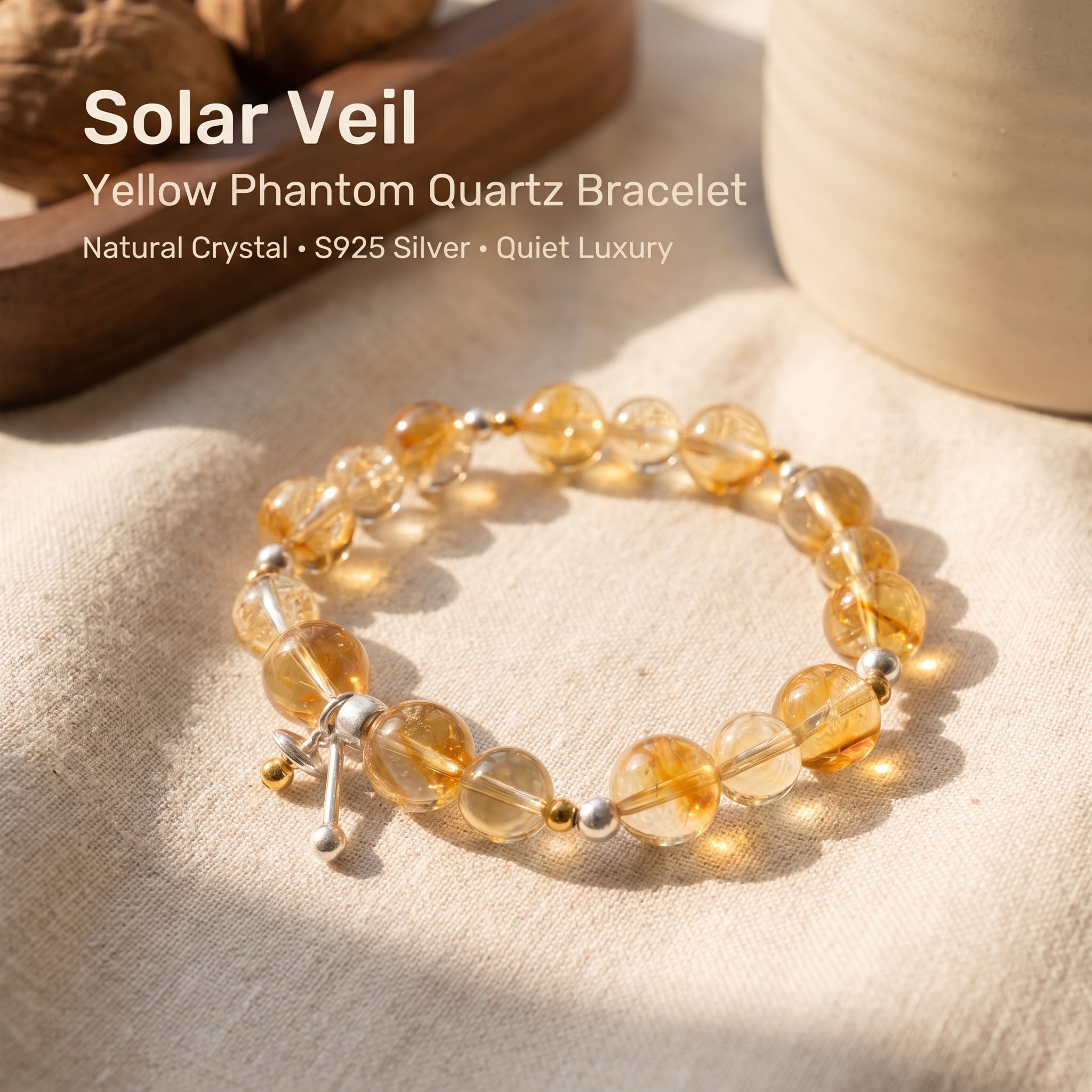 Yellow phantom quartz bracelet with S925 silver accents styled in warm beige luxury setting