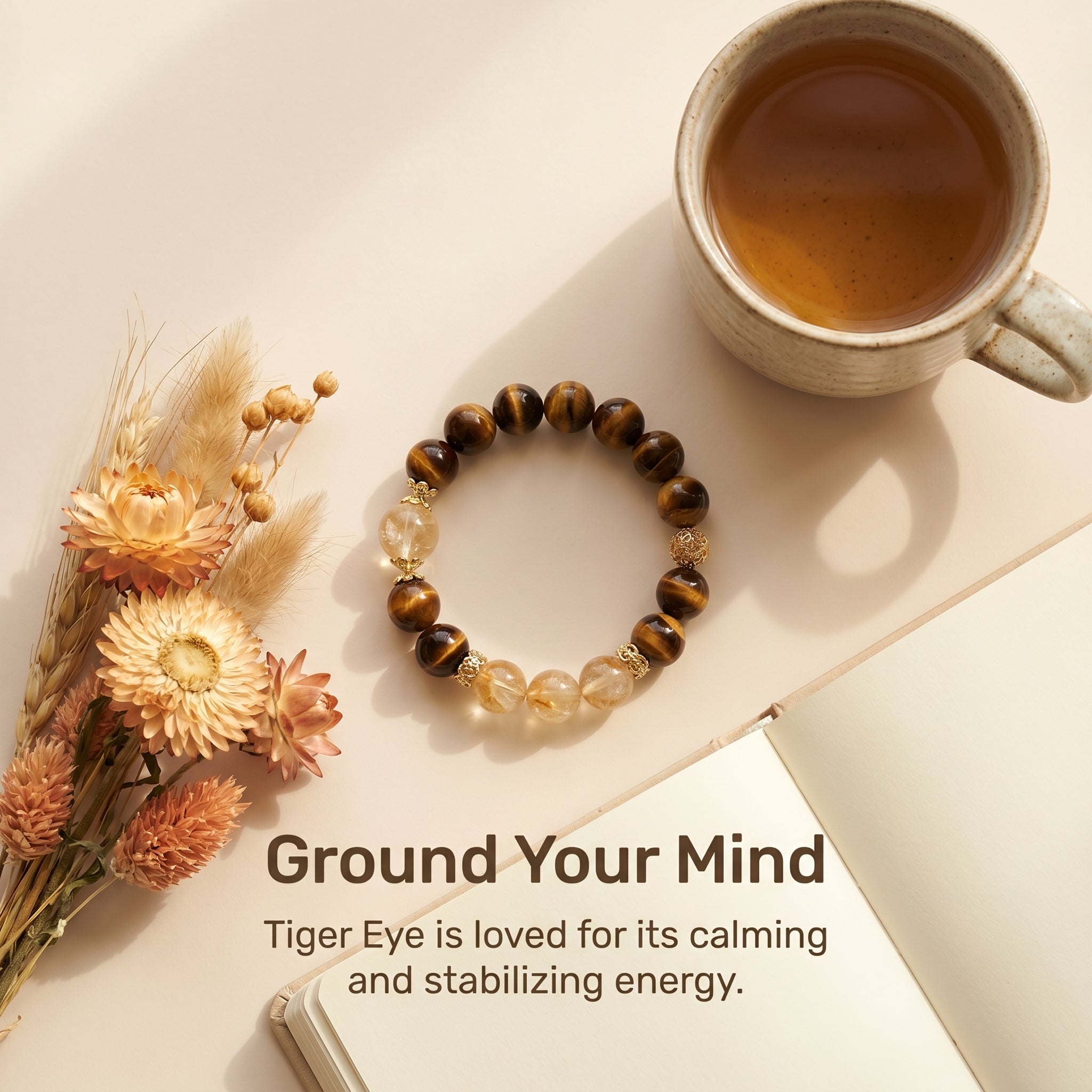 Tiger Eye bracelet styled with calming lifestyle aesthetic and soft neutral tones