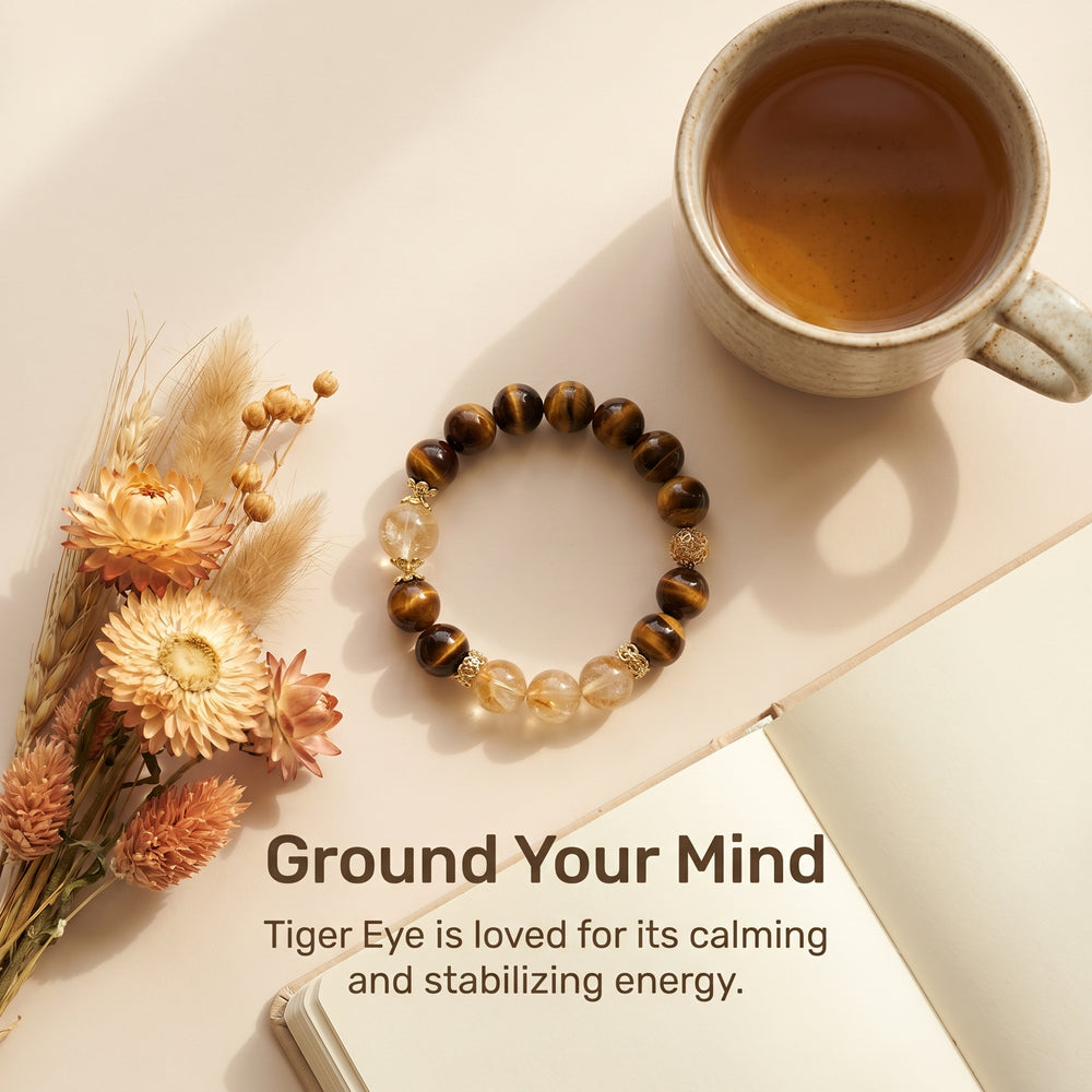 Tiger Eye bracelet styled with calming lifestyle aesthetic and soft neutral tones
