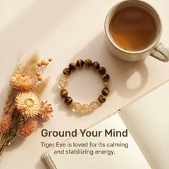 Tiger Eye bracelet styled with calming lifestyle aesthetic and soft neutral tones