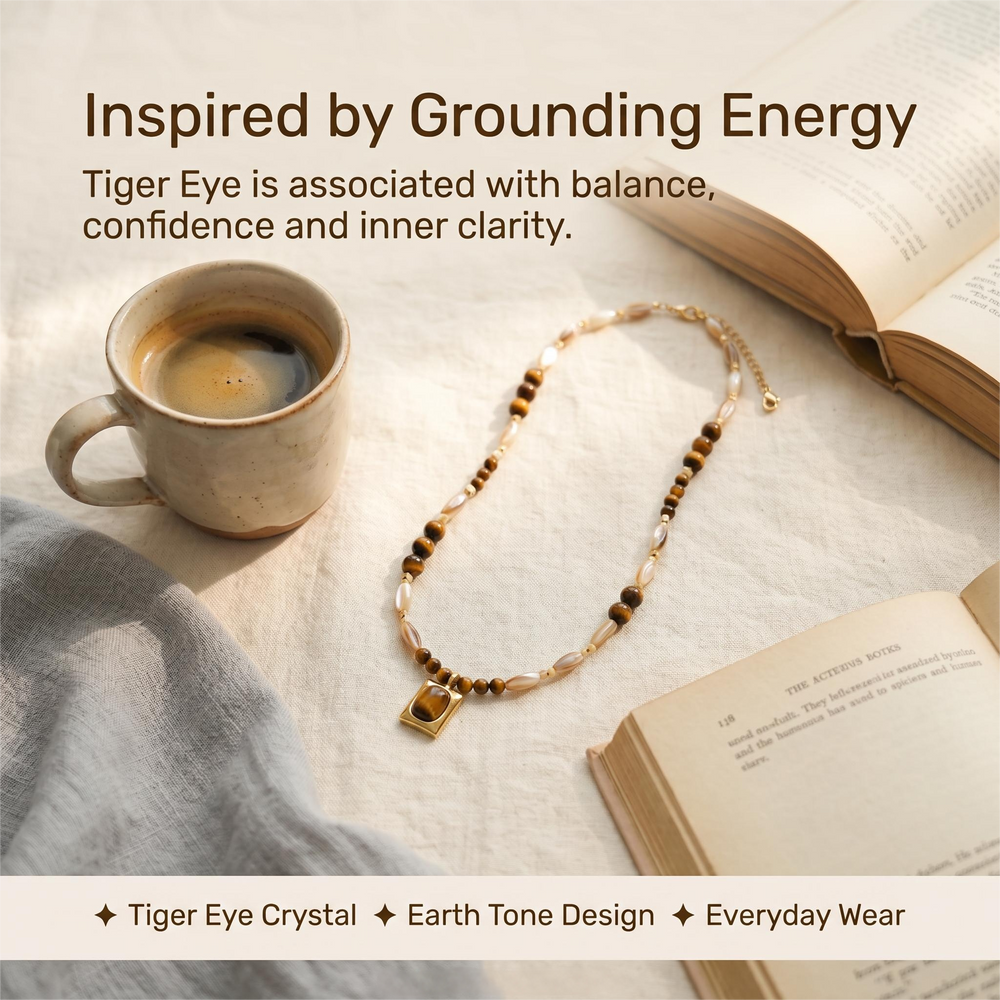 Tiger eye necklace lifestyle image inspired by grounding energy