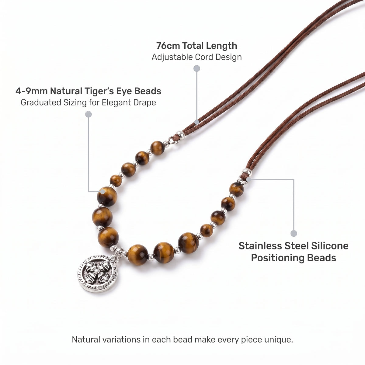 Tiger Eye necklace size guide with bead diameter and necklace length dimensions