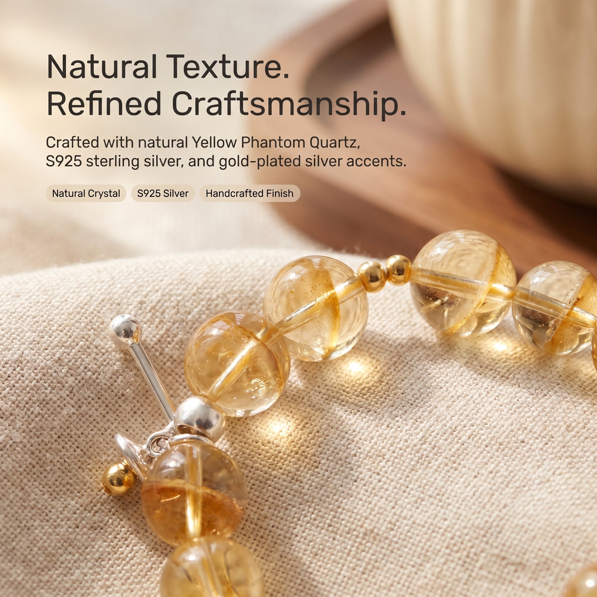 Close-up details of yellow phantom quartz beads and S925 sterling silver jewelry accents