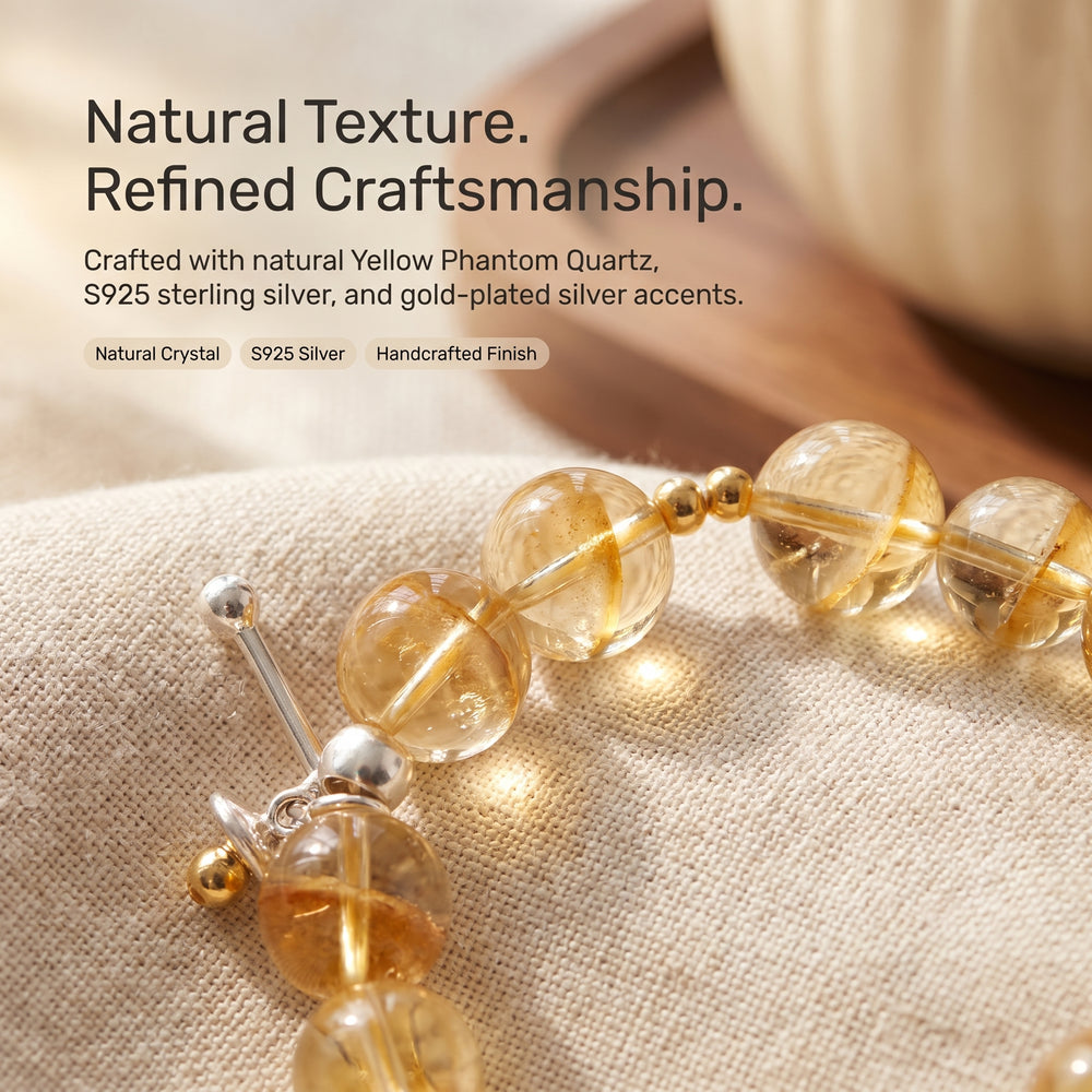 Close-up details of yellow phantom quartz beads and S925 sterling silver jewelry accents