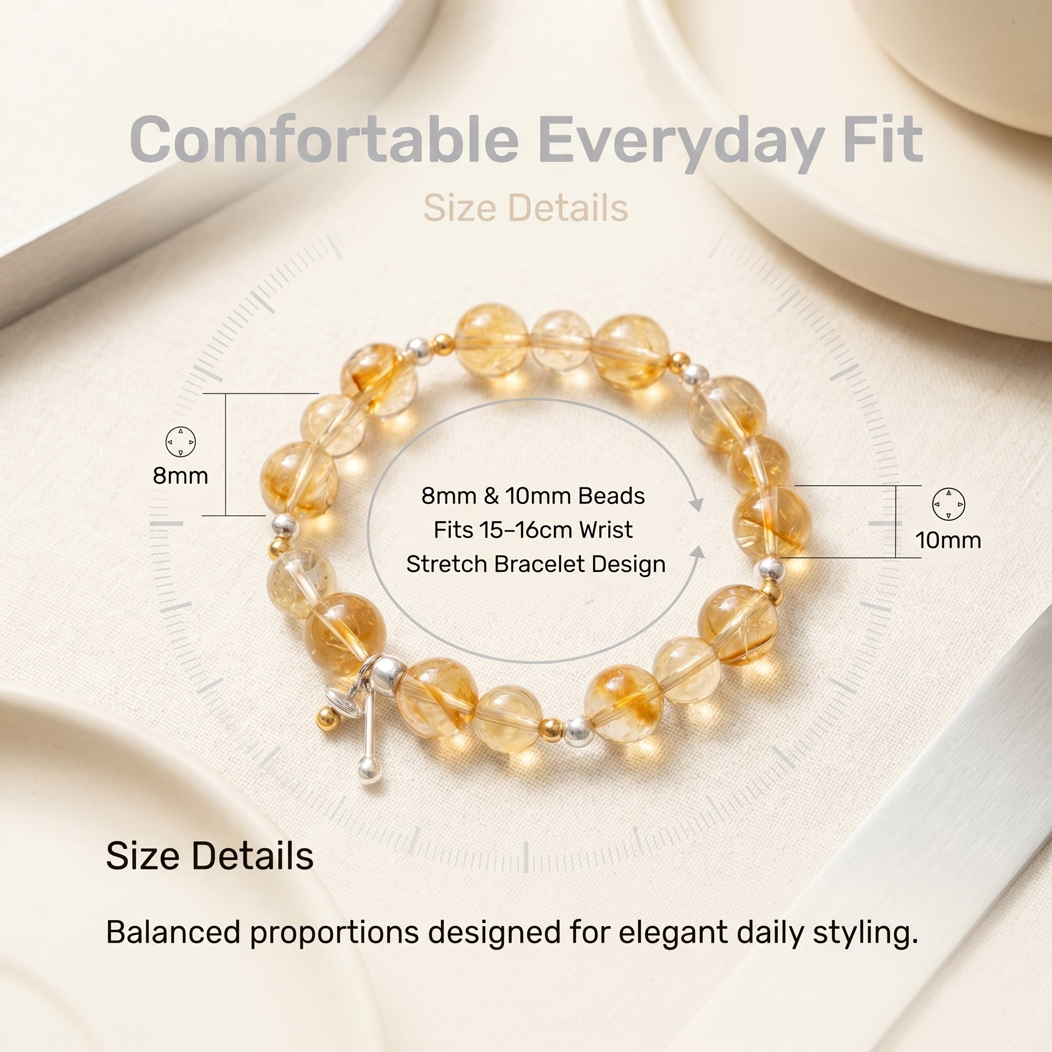 Yellow phantom crystal bracelet size guide with 8mm and 10mm bead measurements