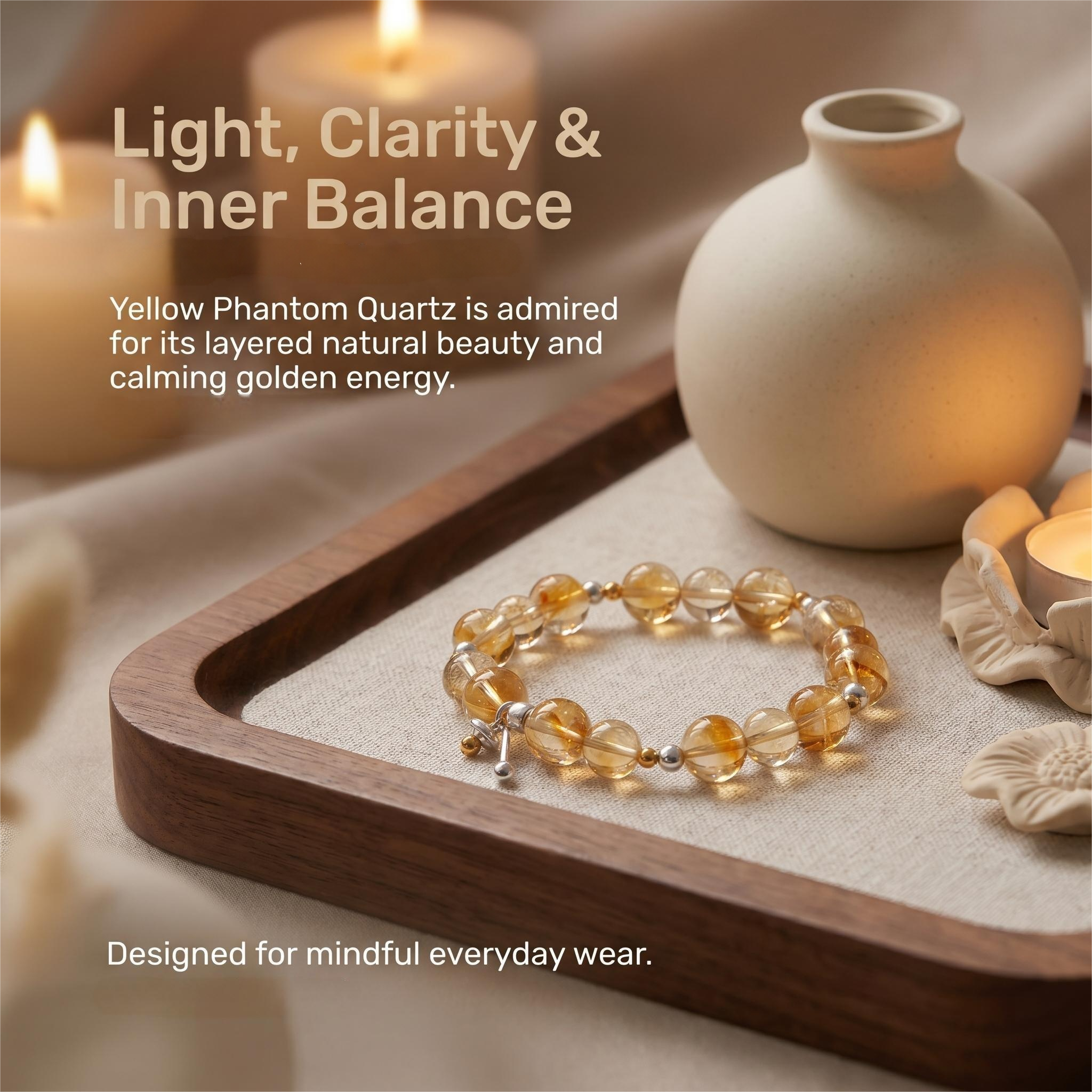 Yellow phantom quartz bracelet with calming luxury styling and energy-inspired message