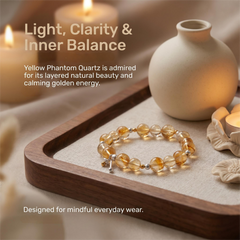 Yellow phantom quartz bracelet with calming luxury styling and energy-inspired message